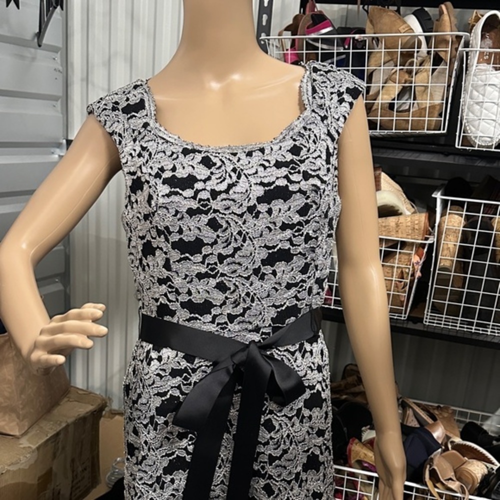 R & M Richards Black and silver glittering Floral Lace Maxi Dress size 8